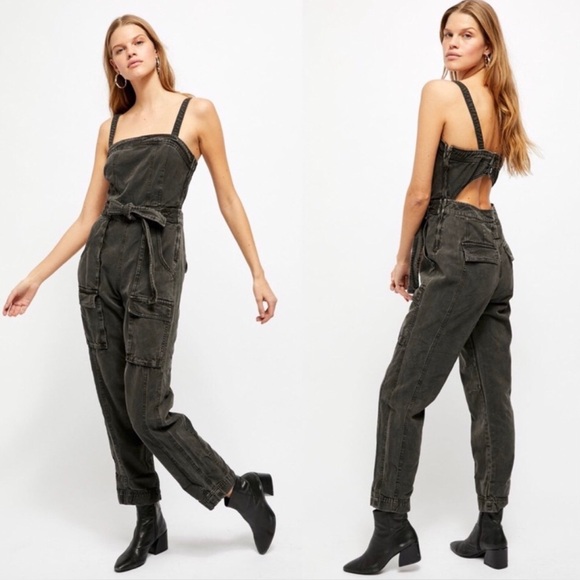 Free People Pants - Free People X-Small Gray Black Go West Utility Jumpsuit Boho Belted Open Back